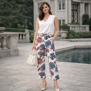 J.CREW Floral Print Cotton‎ Pants White Pockets Straight Leg Mid Rise Size 6